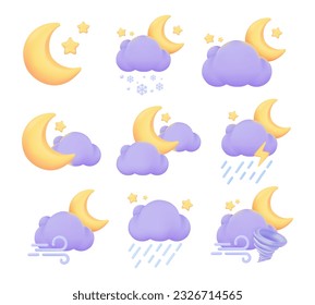 Icono de previsión meteorológica. Nubes nocturnas con luna creciente y estrellas en una noche lluviosa. 3.ª ilustración vectorial