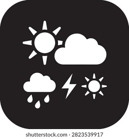 Weather forecast icon with rain cloud lightning and sun on dark badge
