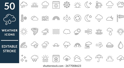 Conjunto de iconos de previsión de Clima. 50 iconos de línea de meteorología limpios y simples, paquete de Vector de trazo editable, símbolo climático