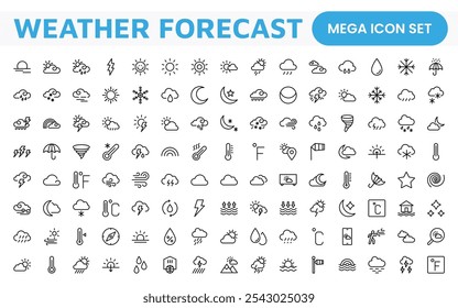 Conjunto de Ícones de Previsão do Tempo. Ícones luminosos e dinâmicos para relatórios meteorológicos precisos, perfeitos para aprimorar aplicativos, sites e plataformas digitais Ícones vetoriais.