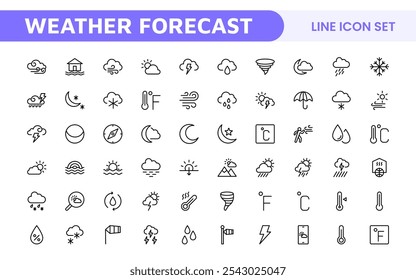 Conjunto de Ícones de Previsão do Tempo. Ícones luminosos e dinâmicos para relatórios meteorológicos precisos, perfeitos para aprimorar aplicativos, sites e plataformas digitais Ícones vetoriais.