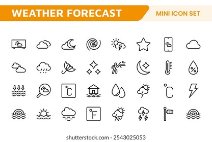 Conjunto de Ícones de Previsão do Tempo. Ícones luminosos e dinâmicos para relatórios meteorológicos precisos, perfeitos para aprimorar aplicativos, sites e plataformas digitais Ícones vetoriais.