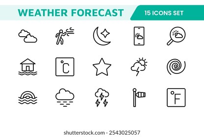 Conjunto de Ícones de Previsão do Tempo. Ícones luminosos e dinâmicos para relatórios meteorológicos precisos, perfeitos para aprimorar aplicativos, sites e plataformas digitais Ícones vetoriais.