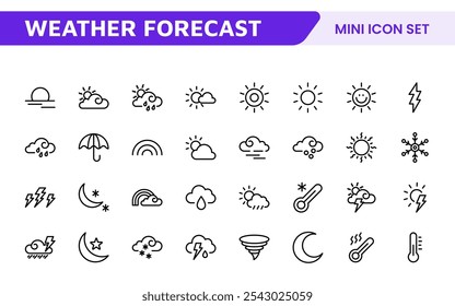 Conjunto de Ícones de Previsão do Tempo. Ícones luminosos e dinâmicos para relatórios meteorológicos precisos, perfeitos para aprimorar aplicativos, sites e plataformas digitais Ícones vetoriais.