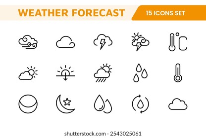 Conjunto de Ícones de Previsão do Tempo. Ícones luminosos e dinâmicos para relatórios meteorológicos precisos, perfeitos para aprimorar aplicativos, sites e plataformas digitais Ícones vetoriais.