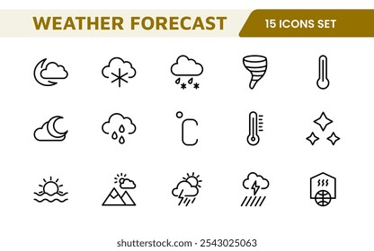 Conjunto de Ícones de Previsão do Tempo. Ícones luminosos e dinâmicos para relatórios meteorológicos precisos, perfeitos para aprimorar aplicativos, sites e plataformas digitais Ícones vetoriais.