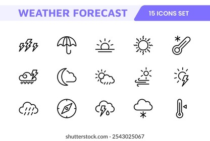 Conjunto de Ícones de Previsão do Tempo. Ícones luminosos e dinâmicos para relatórios meteorológicos precisos, perfeitos para aprimorar aplicativos, sites e plataformas digitais Ícones vetoriais.