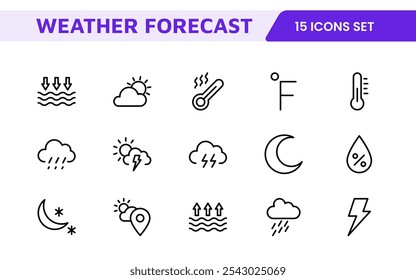 Conjunto de Ícones de Previsão do Tempo. Ícones luminosos e dinâmicos para relatórios meteorológicos precisos, perfeitos para aprimorar aplicativos, sites e plataformas digitais Ícones vetoriais.