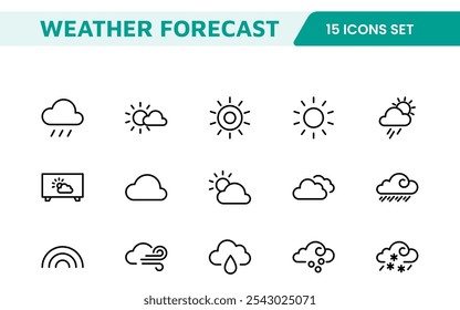 Conjunto de Ícones de Previsão do Tempo. Ícones luminosos e dinâmicos para relatórios meteorológicos precisos, perfeitos para aprimorar aplicativos, sites e plataformas digitais Ícones vetoriais.
