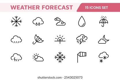Conjunto de Ícones de Previsão do Tempo. Ícones luminosos e dinâmicos para relatórios meteorológicos precisos, perfeitos para aprimorar aplicativos, sites e plataformas digitais Ícones vetoriais.