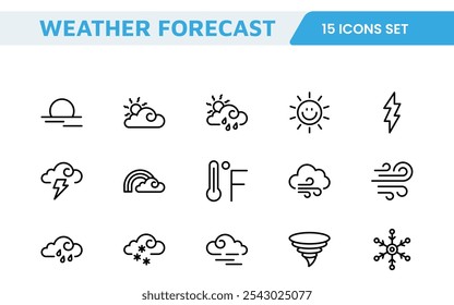 Conjunto de Ícones de Previsão do Tempo. Ícones luminosos e dinâmicos para relatórios meteorológicos precisos, perfeitos para aprimorar aplicativos, sites e plataformas digitais Ícones vetoriais.