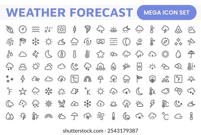 Conjunto de Ícones de Previsão do Tempo. Ícones luminosos e dinâmicos para relatórios meteorológicos precisos, perfeitos para aprimorar aplicativos, sites e plataformas digitais Ícones vetoriais.