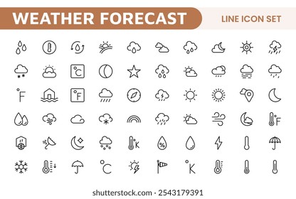 Conjunto de Ícones de Previsão do Tempo. Ícones luminosos e dinâmicos para relatórios meteorológicos precisos, perfeitos para aprimorar aplicativos, sites e plataformas digitais Ícones vetoriais.