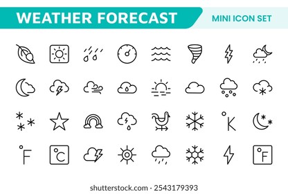 Conjunto de Ícones de Previsão do Tempo. Ícones luminosos e dinâmicos para relatórios meteorológicos precisos, perfeitos para aprimorar aplicativos, sites e plataformas digitais Ícones vetoriais.