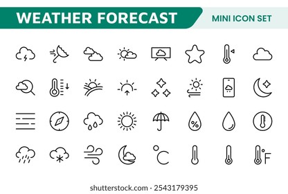 Conjunto de Ícones de Previsão do Tempo. Ícones luminosos e dinâmicos para relatórios meteorológicos precisos, perfeitos para aprimorar aplicativos, sites e plataformas digitais Ícones vetoriais.