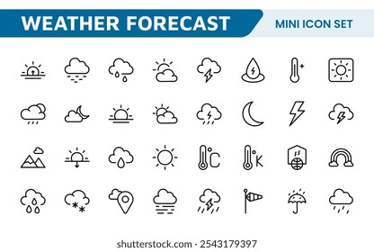 Conjunto de Ícones de Previsão do Tempo. Ícones luminosos e dinâmicos para relatórios meteorológicos precisos, perfeitos para aprimorar aplicativos, sites e plataformas digitais Ícones vetoriais.