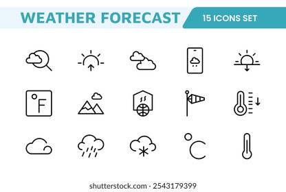 Conjunto de Ícones de Previsão do Tempo. Ícones luminosos e dinâmicos para relatórios meteorológicos precisos, perfeitos para aprimorar aplicativos, sites e plataformas digitais Ícones vetoriais.