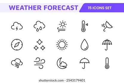 Conjunto de Ícones de Previsão do Tempo. Ícones luminosos e dinâmicos para relatórios meteorológicos precisos, perfeitos para aprimorar aplicativos, sites e plataformas digitais Ícones vetoriais.