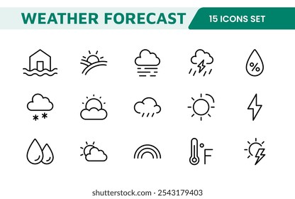 Conjunto de Ícones de Previsão do Tempo. Ícones luminosos e dinâmicos para relatórios meteorológicos precisos, perfeitos para aprimorar aplicativos, sites e plataformas digitais Ícones vetoriais.