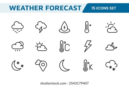 Conjunto de Ícones de Previsão do Tempo. Ícones luminosos e dinâmicos para relatórios meteorológicos precisos, perfeitos para aprimorar aplicativos, sites e plataformas digitais Ícones vetoriais.