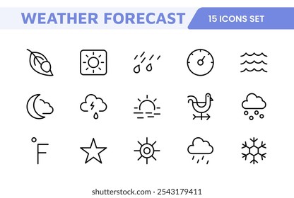 Conjunto de Ícones de Previsão do Tempo. Ícones luminosos e dinâmicos para relatórios meteorológicos precisos, perfeitos para aprimorar aplicativos, sites e plataformas digitais Ícones vetoriais.