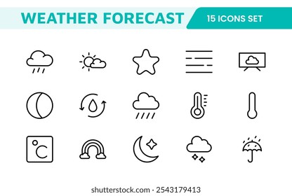 Conjunto de Ícones de Previsão do Tempo. Ícones luminosos e dinâmicos para relatórios meteorológicos precisos, perfeitos para aprimorar aplicativos, sites e plataformas digitais Ícones vetoriais.