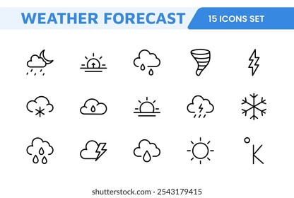 Conjunto de Ícones de Previsão do Tempo. Ícones luminosos e dinâmicos para relatórios meteorológicos precisos, perfeitos para aprimorar aplicativos, sites e plataformas digitais Ícones vetoriais.
