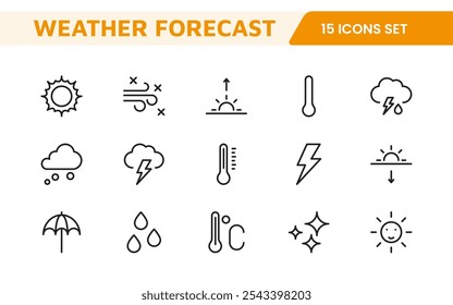 Conjunto de Ícones de Previsão do Tempo. Ícones luminosos e dinâmicos para relatórios meteorológicos precisos, perfeitos para aprimorar aplicativos, sites e plataformas digitais Ícones vetoriais.