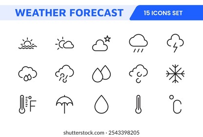 Conjunto de Ícones de Previsão do Tempo. Ícones luminosos e dinâmicos para relatórios meteorológicos precisos, perfeitos para aprimorar aplicativos, sites e plataformas digitais Ícones vetoriais.