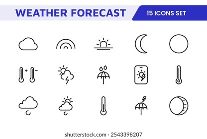 Conjunto de Ícones de Previsão do Tempo. Ícones luminosos e dinâmicos para relatórios meteorológicos precisos, perfeitos para aprimorar aplicativos, sites e plataformas digitais Ícones vetoriais.