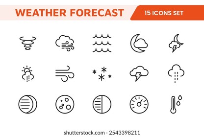 Conjunto de Ícones de Previsão do Tempo. Ícones luminosos e dinâmicos para relatórios meteorológicos precisos, perfeitos para aprimorar aplicativos, sites e plataformas digitais Ícones vetoriais.