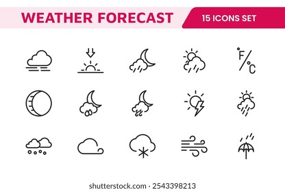 Conjunto de Ícones de Previsão do Tempo. Ícones luminosos e dinâmicos para relatórios meteorológicos precisos, perfeitos para aprimorar aplicativos, sites e plataformas digitais Ícones vetoriais.