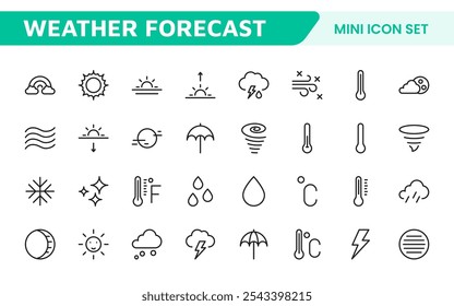 Conjunto de Ícones de Previsão do Tempo. Ícones luminosos e dinâmicos para relatórios meteorológicos precisos, perfeitos para aprimorar aplicativos, sites e plataformas digitais Ícones vetoriais.