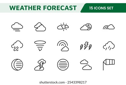 Conjunto de Ícones de Previsão do Tempo. Ícones luminosos e dinâmicos para relatórios meteorológicos precisos, perfeitos para aprimorar aplicativos, sites e plataformas digitais Ícones vetoriais.