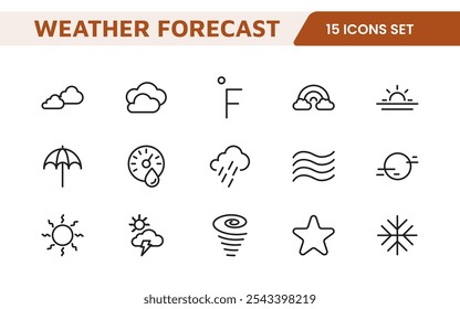 Conjunto de Ícones de Previsão do Tempo. Ícones luminosos e dinâmicos para relatórios meteorológicos precisos, perfeitos para aprimorar aplicativos, sites e plataformas digitais Ícones vetoriais.