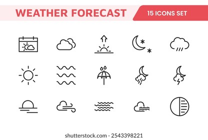 Conjunto de Ícones de Previsão do Tempo. Ícones luminosos e dinâmicos para relatórios meteorológicos precisos, perfeitos para aprimorar aplicativos, sites e plataformas digitais Ícones vetoriais.