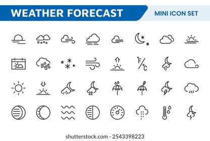 Conjunto de Ícones de Previsão do Tempo. Ícones luminosos e dinâmicos para relatórios meteorológicos precisos, perfeitos para aprimorar aplicativos, sites e plataformas digitais Ícones vetoriais.