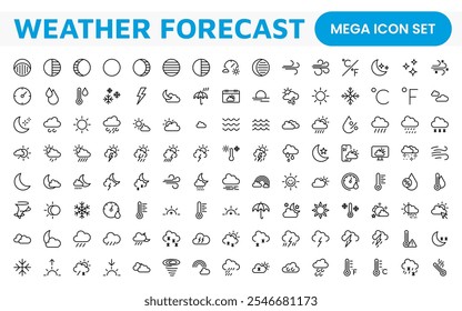 Conjunto de Ícones de Previsão do Tempo. Ícones luminosos e dinâmicos para relatórios meteorológicos precisos, perfeitos para aprimorar aplicativos, sites e plataformas digitais Ícones vetoriais.