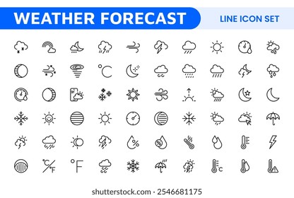 Conjunto de Ícones de Previsão do Tempo. Ícones luminosos e dinâmicos para relatórios meteorológicos precisos, perfeitos para aprimorar aplicativos, sites e plataformas digitais Ícones vetoriais.