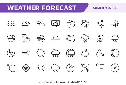 Conjunto de Ícones de Previsão do Tempo. Ícones luminosos e dinâmicos para relatórios meteorológicos precisos, perfeitos para aprimorar aplicativos, sites e plataformas digitais Ícones vetoriais.