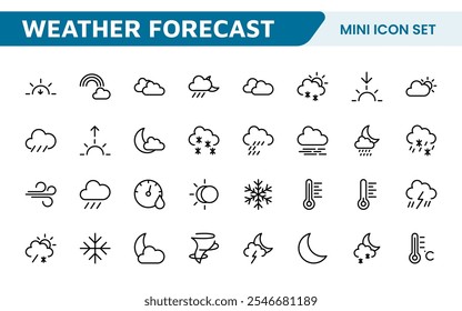 Conjunto de Ícones de Previsão do Tempo. Ícones luminosos e dinâmicos para relatórios meteorológicos precisos, perfeitos para aprimorar aplicativos, sites e plataformas digitais Ícones vetoriais.