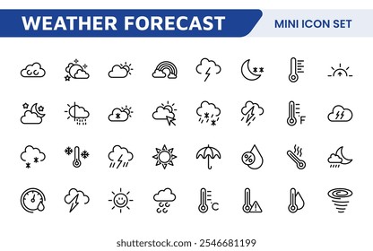 Conjunto de Ícones de Previsão do Tempo. Ícones luminosos e dinâmicos para relatórios meteorológicos precisos, perfeitos para aprimorar aplicativos, sites e plataformas digitais Ícones vetoriais.