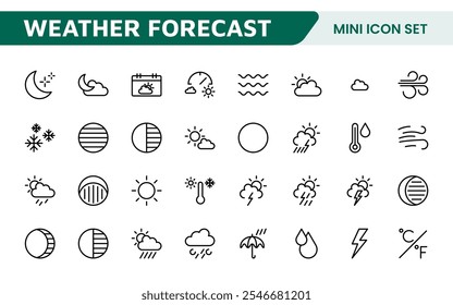 Conjunto de Ícones de Previsão do Tempo. Ícones luminosos e dinâmicos para relatórios meteorológicos precisos, perfeitos para aprimorar aplicativos, sites e plataformas digitais Ícones vetoriais.