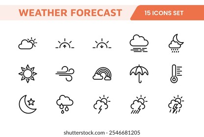 Conjunto de Ícones de Previsão do Tempo. Ícones luminosos e dinâmicos para relatórios meteorológicos precisos, perfeitos para aprimorar aplicativos, sites e plataformas digitais Ícones vetoriais.