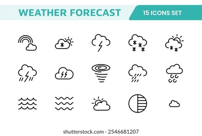 Conjunto de Ícones de Previsão do Tempo. Ícones luminosos e dinâmicos para relatórios meteorológicos precisos, perfeitos para aprimorar aplicativos, sites e plataformas digitais Ícones vetoriais.