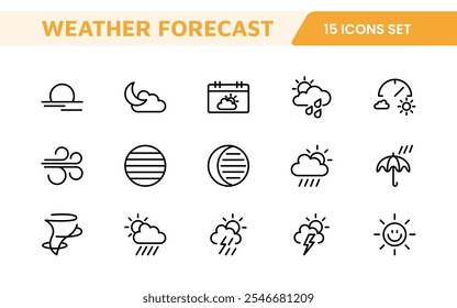 Conjunto de Ícones de Previsão do Tempo. Ícones luminosos e dinâmicos para relatórios meteorológicos precisos, perfeitos para aprimorar aplicativos, sites e plataformas digitais Ícones vetoriais.