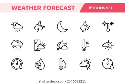 Conjunto de Ícones de Previsão do Tempo. Ícones luminosos e dinâmicos para relatórios meteorológicos precisos, perfeitos para aprimorar aplicativos, sites e plataformas digitais Ícones vetoriais.