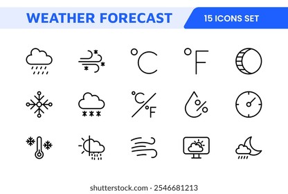 Conjunto de Ícones de Previsão do Tempo. Ícones luminosos e dinâmicos para relatórios meteorológicos precisos, perfeitos para aprimorar aplicativos, sites e plataformas digitais Ícones vetoriais.