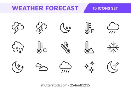 Conjunto de Ícones de Previsão do Tempo. Ícones luminosos e dinâmicos para relatórios meteorológicos precisos, perfeitos para aprimorar aplicativos, sites e plataformas digitais Ícones vetoriais.