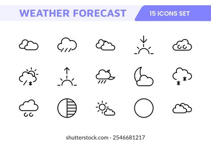 Conjunto de Ícones de Previsão do Tempo. Ícones luminosos e dinâmicos para relatórios meteorológicos precisos, perfeitos para aprimorar aplicativos, sites e plataformas digitais Ícones vetoriais.